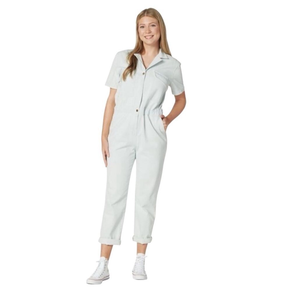 Hunter & Brown Denim Utility Jumpsuit With Collared Neckline In Light Blue S